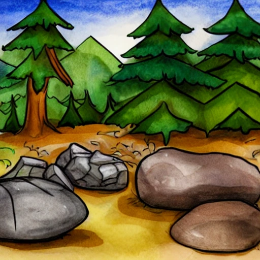 Dark, forest, camp, fire stones, Cartoon, Water Color
