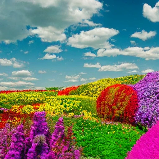 champs de fleurs colorés, cité dans une montagne en arrière plan, ciel traversé d'oiseaux multicolore, 4k ultra, , Trippy