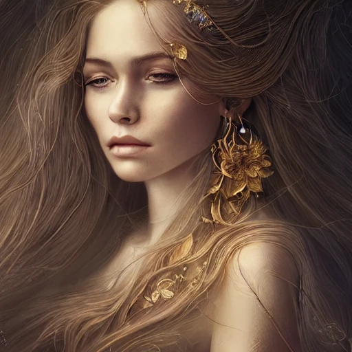 Head and shoulders portrait of a beautiful young woman with long flowing white hair, detailed eyes, detailed facial features, gold earrings, by Anna dittmann, epic cinematic brilliant stunning intricate meticulously detailed dramatic atmospheric maximalist digital matte painting