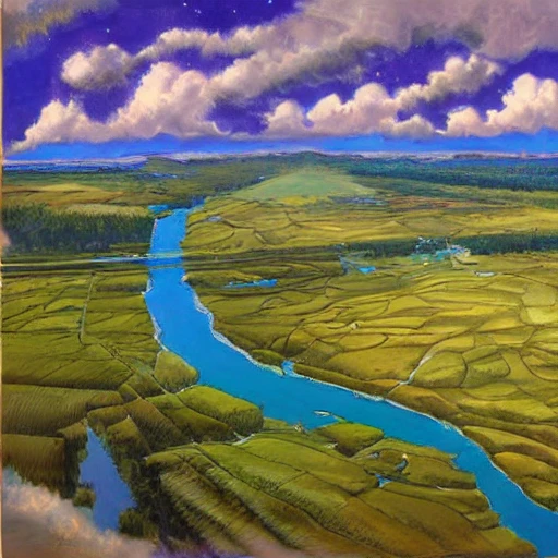 two rivers join, serene landscape, overhead view, fantasy art