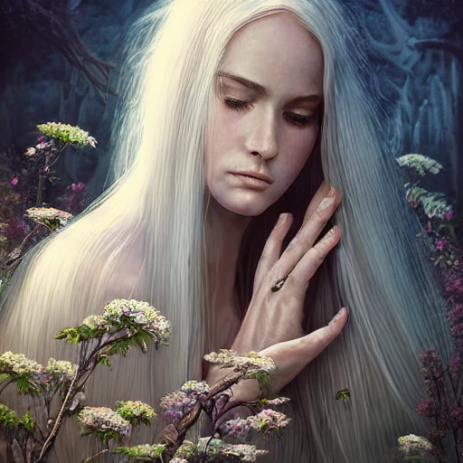 Head and shoulders portrait of a one beautiful woman in the robes meditating in a scenic garden Near the temple, with long flowing white hair, detailed eyes, detailed facial features, by Anna dittmann, epic cinematic brilliant stunning intricate meticulously detailed dramatic atmospheric maximalist dig ital matte painting 