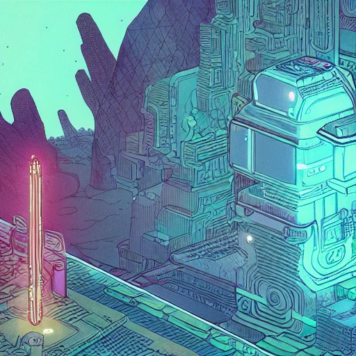 Stunningly intricate illustration of a cyberpunk explorer meditating next to a floating triangular glowing monolith, highly detailed, midnight, by victo ngai and james gilleard, moebius, laurie greasley
