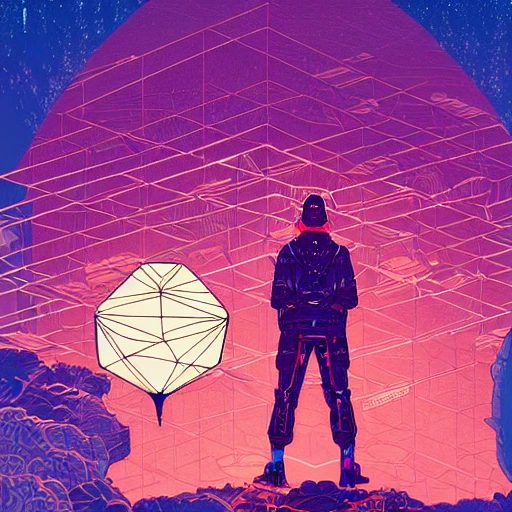 Stunningly intricate illustration of a cyberpunk explorer meditating next to a floating triangular glowing monolith, highly detailed, midnight, by victo ngai and james gilleard, moebius, laurie greasley