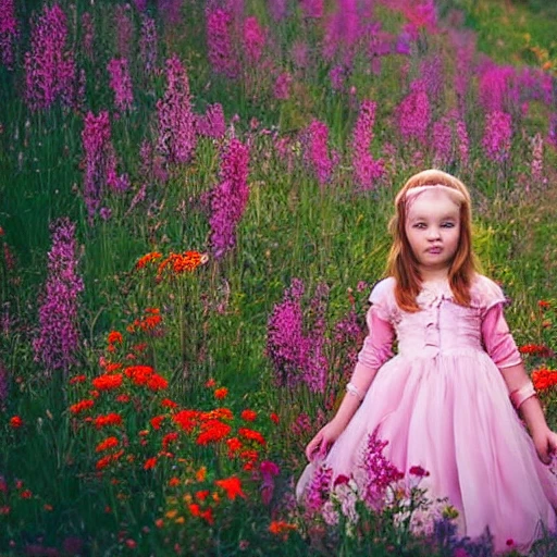 Wonderland landscape with a cute little girl standing in a field ...