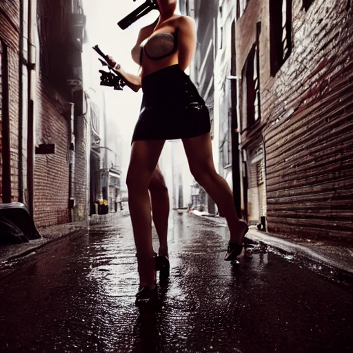 action photograph of a frightened, sexy, slender, fit, woman with short hair, wet hair and skin, full lips, small breasts, wearing sheer blouse and skirt, detailed hands and breasts, carrying a briefcase and holding a gun, running through a rainy cyberpunk alley, DOF, at night, 85mm, wlop, by rembrandt