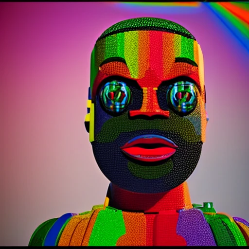 , 3D, Trippy black man made of colourfull lego bricks, incredibly detailed and sharp, cinematic, professional lighting, hypermaximal, photoreal, 8k --v 4 --q 2