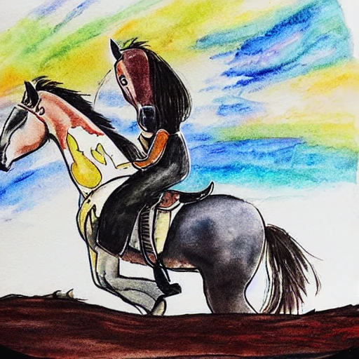 horse riding in the moon, Cartoon, Water Color