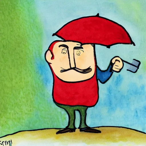 man holding an umbrella, Cartoon, Water Color