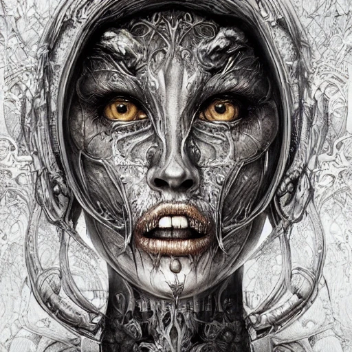 hyper-realistic portrait,hyper-detailed fantasy art; elegant, intricate, detailed, symmetrical face, accurate anatomy and eyes, by Daniel f gerhartz, Gustave dore, hr giger, tom bagshaw,junji ito, biomorphic close up of astronaut extraterrestrial, style of h.r. giger, insanely detailed and intricate, golden ratio, hypermaximalist,, Oil Painting