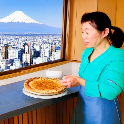Mother preparing apple pie in apartment with view over tokyo, panorama of tokyo with fuji mountain in the background, blue sky with clouds