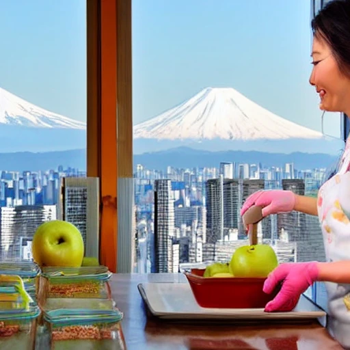 Young and beautiful mother preparing apple pie for children in apartment with view over tokyo, panorama of tokyo with fuji mountain in the background, blue sky with clouds