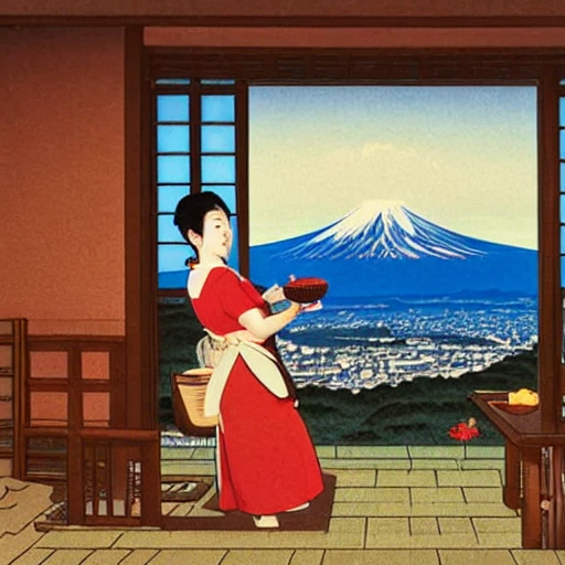 Young and beautiful mother preparing apple pie for children in apartment with view over tokyo, panorama of tokyo with fuji mountain in the background, blue sky with clouds, Old Japanese print stile, hokusawa