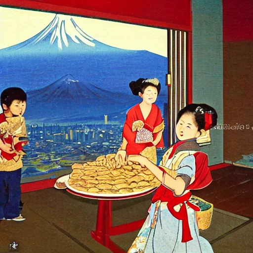 Young and beautiful mother preparing apple pie for children in apartment with view over tokyo, panorama of tokyo with fuji mountain in the background, children playing, blue sky with clouds, Old Japanese print stile, hokusawa