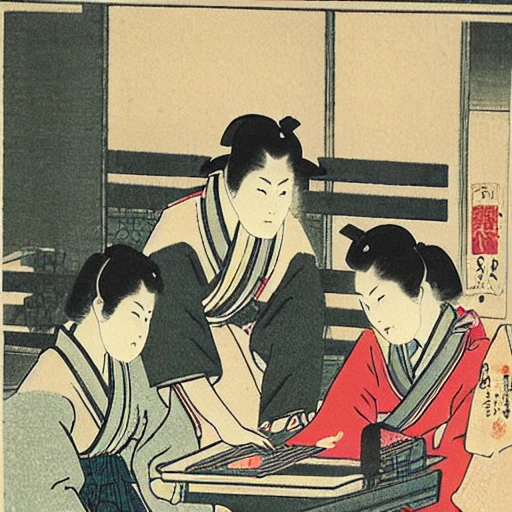 women using a computer, Old Japanese print stile, hokusawa