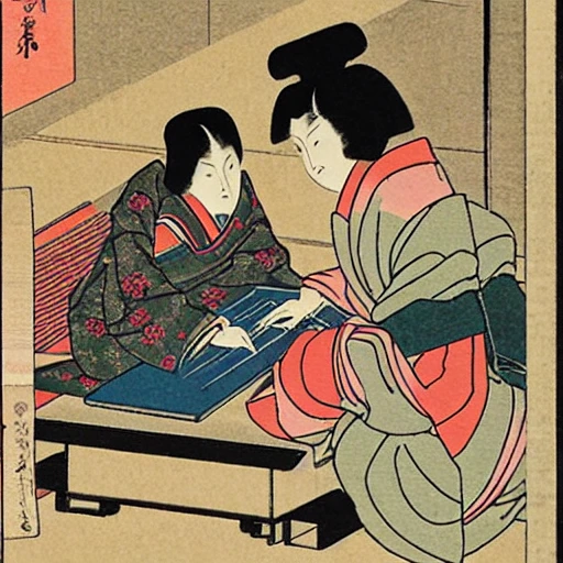 women using a laptop computer, Old Japanese print stile, hokusawa