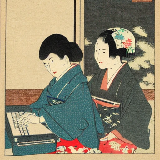 women using computer with mouse, keyboard, two monitors, Old Japanese print stile, hokusawa