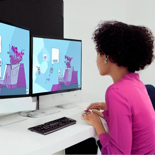 women using computer with mouse, keyboard, two monitors, Cartoon