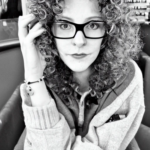 adult, (pale sleep deprived geek girl), (pale), (sleep deprivation), circles under the eyes, panda eyes, ((curly hair,)) wearing glasses and sweater dress, perfect face, ((detailed eyes)), (( detailed pupils)), slightly muscular, fit, full body shot, sitting in a cafe, intricate, detailed, (line art), insanely high res, 8K, HD, ((WLOP)), rossdraws, artgerm, (((vivid colors))), Chaïm Soutine,, Felix Octavius Carr Darley