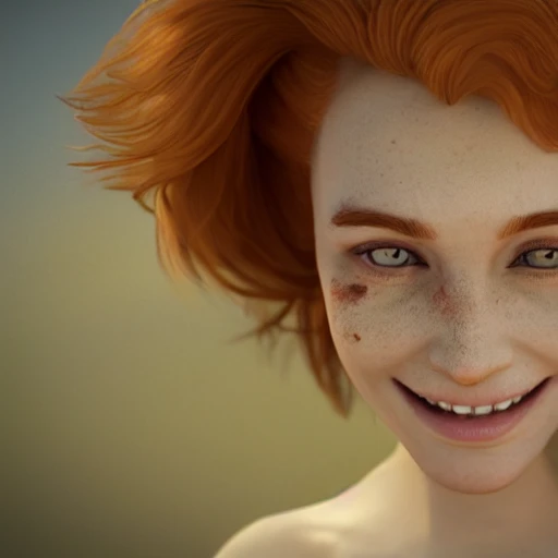 1girl, a real perfect female anatomy of ginger beautiful female smiling, medium shot, masterpiece, look at viewer, {{beautiful detailed face}}, perfect face, {{perfect eyes}}, perfect lips, extremely detailed, 8K wallpaper, Film Grain, post processing, epic cinematic, octane render , denoise, redshift style