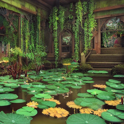 hyper-detailed anime, interior, Miniature Haunted house in clear lotus pond water, water plants, duckweeds, lotus ponds, colorful gravel, smooth cel-shading, photographic concept art, Intricate details, 8K, RTX, light mode, octane render