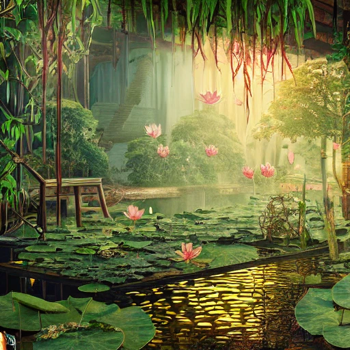 hyper-detailed anime, interior, Miniature Haunted house in clear lotus pond water, water plants, duckweeds, lotus ponds, colorful gravel, smooth cel-shading, photographic concept art, Intricate details, 8K, RTX, light mode, octane render, 3D