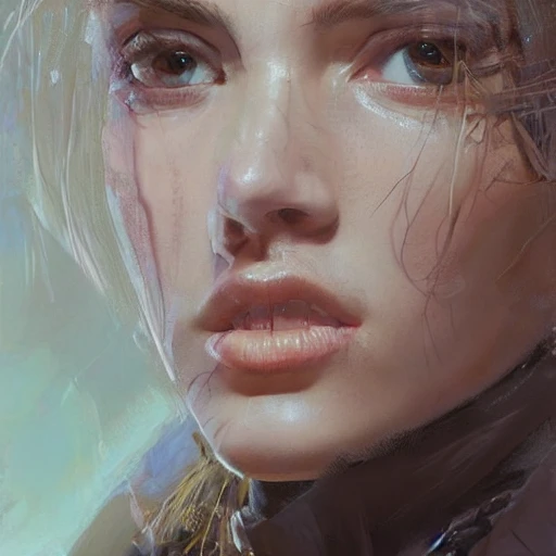 Academic figurative painting by Jeremy Mann, Rutkowski, Rey Artgerm, intricate details, portrait, face, close-up, illustration, UHD, 4K, Simon Stålenhag, blue eyes with details, blond, very beautiful, bright, slender, blond hair and very fair skin, realistic skin, smooth skin, lots of light, with shadows 