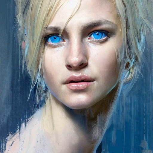 Academic figurative painting by Jeremy Mann, Rutkowski, Rey Artgerm, intricate details, portrait, face, close-up, illustration, UHD, 4K, blue eyes with details, blond, very beautiful, bright, slender, blond hair and very fair skin, realistic skin, smooth skin, lots of light, with shadows 