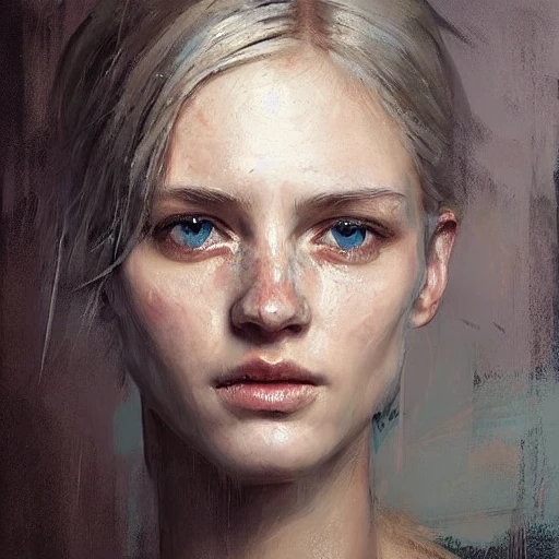 Academic figurative painting by Jeremy Mann, Rutkowski, Rey Artgerm, intricate details, portrait, face, close-up, illustration, UHD, 4K, eyes with details, blond, very beautiful, bright, slender, blond hair and very fair skin, realistic skin, smooth skin, lots of light, with shadows, rembrandt
