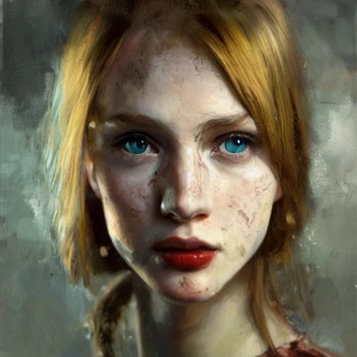Academic figurative painting by Jeremy Mann, Rutkowski, Rey Artgerm, intricate details, portrait, face, close-up, illustration, UHD, 4K, emerald eyes with details, blonde, very beautiful, bright, slender, red hair and very fair skin, realistic skin, smooth skin, lots of light, with shadows, rembrandt, freckles 