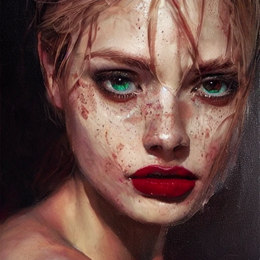 Academic figurative painting by Jeremy Mann, Rutkowski, Rey Artgerm, intricate details, portrait, face, close-up, illustration, UHD, 4K, emerald eyes with details, blonde, very beautiful, bright, slender, red hair and very fair skin, realistic skin, smooth skin, lots of light, with shadows, freckles, sexy