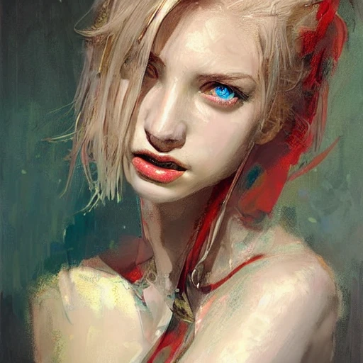 Academic figurative painting by Jeremy Mann, Rutkowski, Rey Artgerm, intricate details, portrait, face, close-up, illustration, UHD, 4K, emerald eyes with details, blonde, very beautiful, bright, slender, red hair and very fair skin, realistic skin, smooth skin, lots of light, with shadows, freckles, sexy, style redshift