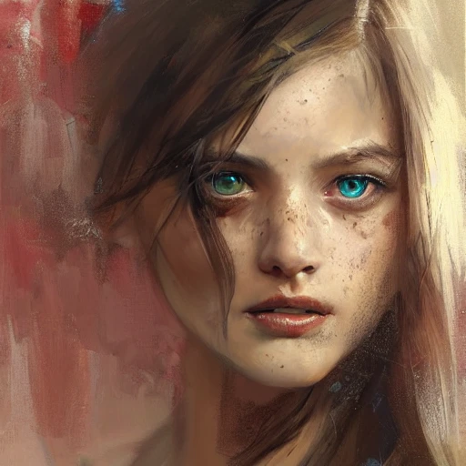 Academic figurative painting by Jeremy Mann, Rutkowski, Rey Artgerm, intricate detail, portrait, face, close-up, illustration, UHD, 4K, dark emerald eyes and detail, blonde, very beautiful, bright, thin, red hair and very fair skin, realistic skin, smooth skin, lots of light, with shadows, freckles, sexy, triangle rembrandt