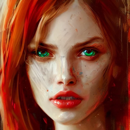 Academic figurative  by Jeremy Mann, Rutkowski, Rey Artgerm, intricate details, portrait, face, close-up, illustration, UHD, 4K, emerald eyes with details, blonde, very beautiful, bright, slender, red hair and very fair skin, realistic skin, smooth skin, lots of light, with shadows, freckles, sexy 