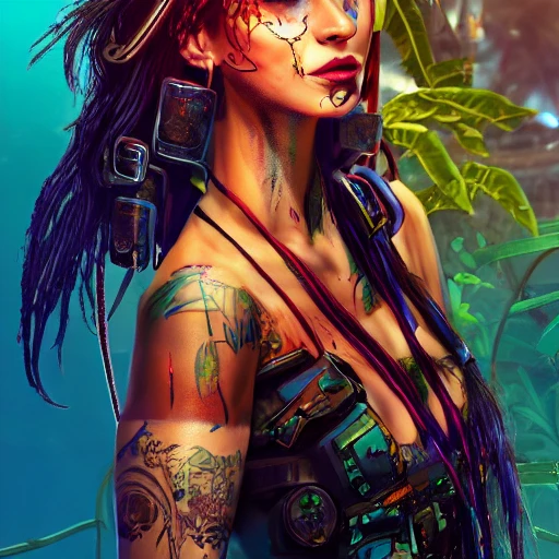 cyberpunk pirate gorgeous woman with a scar, full body, tropical island background, illustration, cinematic color, editorial photo, colorfoul, hyperrealism, artstation, detailed, intricate, 8k 