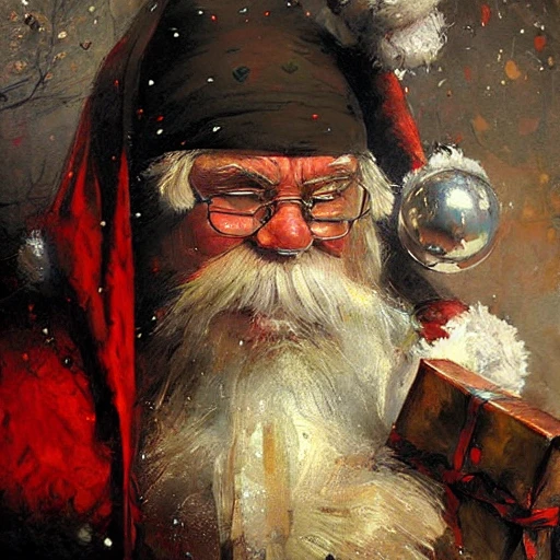 Academic figurative painting by Jeremy Mann, Rutkowski, Rey Artgerm, intricate details, Santa Claus, with gifts, sleigh 