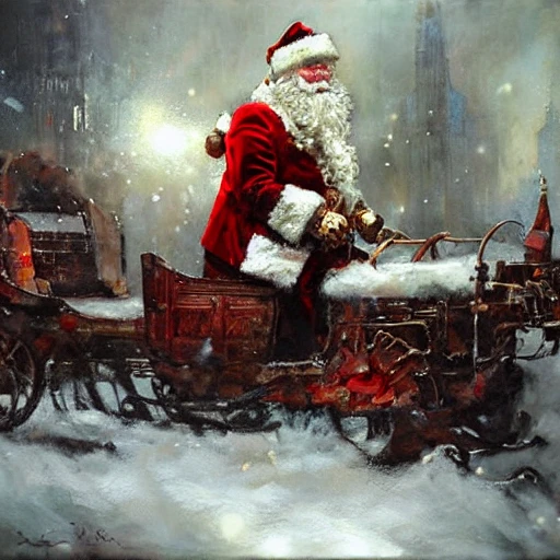 Academic figurative painting by Jeremy Mann, Rutkowski, Rey Artgerm, intricate details, Santa Claus, with gifts, sleigh 