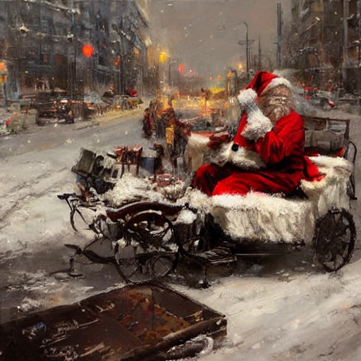 Academic figurative painting by Jeremy Mann, Rutkowski, Rey Artgerm, intricate details, Santa Claus, with presents, sleigh with reindeers pulling it, in the snow