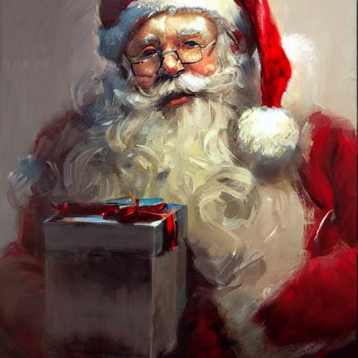 Academic figurative painting by Jeremy Mann, Rutkowski, Rey Artgerm, intricate details, Santa Claus, with gifts, face portrait, rembrandt