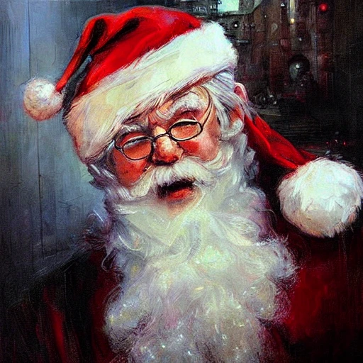 Academic figurative painting by Jeremy Mann, Rutkowski, Rey Artgerm, intricate details, Santa Claus, with gifts, face portrait, rembrandt