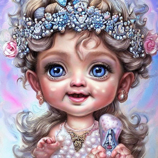 amazing detailed cute pearly baby holds paper with name LOVE ❤️❤️❤️, hyper detailed curls hair, big realistic eyes, hearts and pearls crown, muted colors, intricate filigree, extremely detailed ice crystals, artgerm, extremely detailed, hyperdetailed, vibrant colors, anna liwanag, maximalism futuristic 8K polished, highly detailed digital painting artstation concept art smooth sharp focus illustration art by artgerm and greg rutkowski and alphonse mucha in the style of charlie bowater
