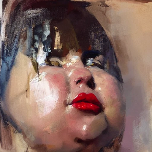 , Oil Painting of fat woman with red lips by jeremy mann