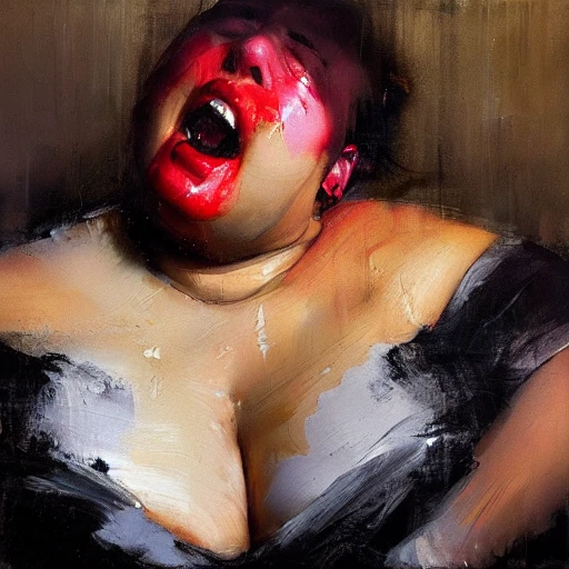 , Oil Painting of fat woman with red lips by jeremy mann