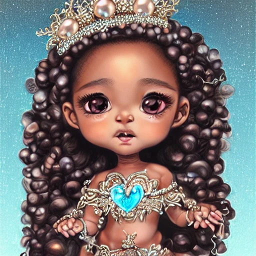 amazing detailed chibi brown skinned cute pearly baby, hyper detailed curls hair, big realistic eyes, hearts and pearls crown, muted colors, intricate filigree, extremely detailed ice crystals, artgerm, extremely detailed, hyperdetailed, vibrant colors, anna liwanag, maximalism futuristic 8K polished, highly detailed digital painting artstation concept art smooth sharp focus illustration art by artgerm and greg rutkowski and alphonse mucha in the style of charlie bowater