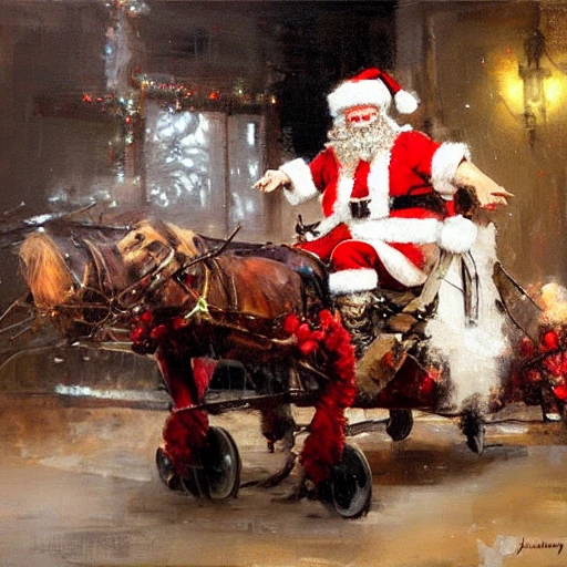 Academic figurative painting by Jeremy Mann, Rutkowski, Rey Artgerm, intricate details, Santa Claus, with gifts, sleigh 