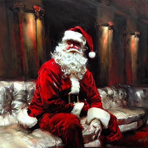 Academic figurative painting by Jeremy Mann, Rutkowski, Rey Artgerm, intricate details, Santa Claus, with gifts