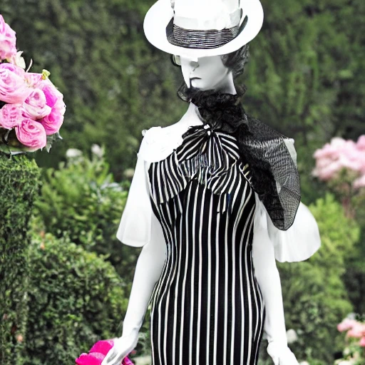 Exquisite Timeless Ethereal Realistic My Fair Lady Wearing Black and White Striped Ascot Gown and Hat Gathering Roses in the Morning Garden,  my fair lady design is exquisite and timeless. The black and white striped ascot gown and hat are ethereal and realistic. The roses in the morning garden are beautiful.