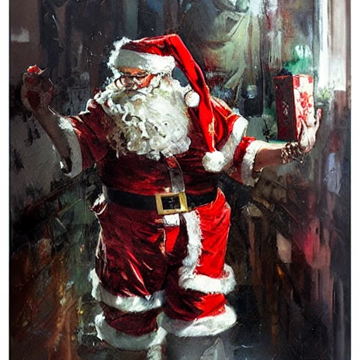 Academic figurative painting by Jeremy Mann, Rutkowski, Rey Artgerm, intricate details, Santa Claus, with gifts