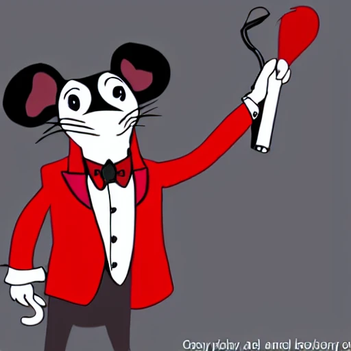 a rat with a red tuxedo and a cane very smiling, Cartoon