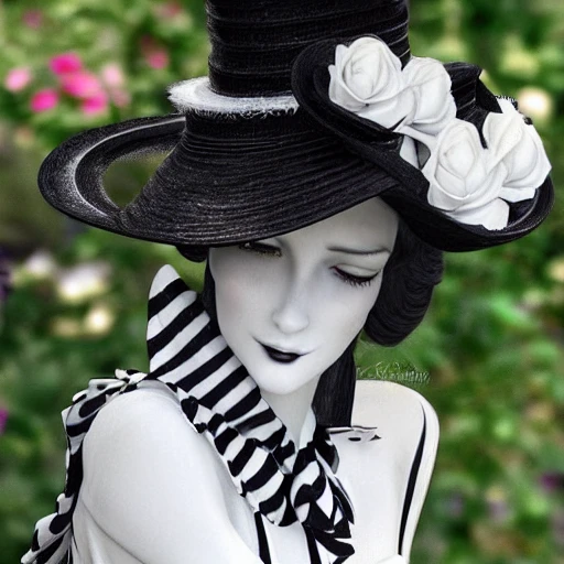 Exquisite Timeless Ethereal Realistic My Fair Lady Wearing Black and White Striped Ascot Gown and Hat Gathering Roses in the Morning Garden,  my fair lady design is exquisite and timeless. The black and white striped ascot gown and hat are ethereal and realistic. The roses in the morning garden are beautiful. hyperrealistic face features, detailed eyes and mouth 