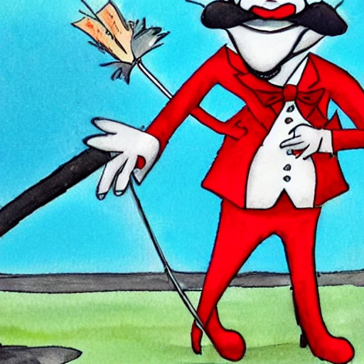 a rat with a red tuxedo and a cane very smiling, Cartoon, Water Color